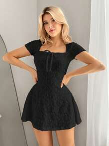 Sweetina 1 件女式方领短袖迷你 Y2K 连衣裙，白色，春夏 - 黑色 - 查看 5