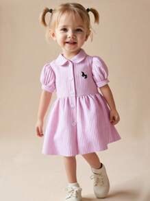 SHEIN Playful Pals 女婴休闲时尚条纹泡泡袖衬衫裙，适合春夏季户外和日常穿着、上学 - 粉色 - 查看 7