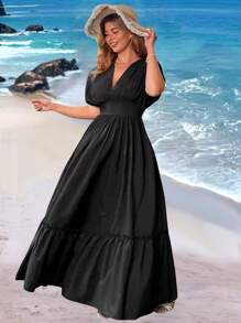 Flirla 大码女式深 V 领系腰长连衣裙 - 黑色 - 查看 2