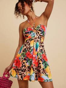 Travachic 女式度假休闲热带植物印花挂脖系腰镂空 A 字连衣裙 - 彩色 - 查看 3