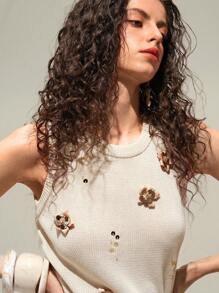 SHEIN LUNE مجموعة قطعتين من كنزة صوفية نسائية مطرزة باللؤلؤ والزهور، محبوكة حرفيًا، خفيفة الوزن والفخامة - لون مشمشي - مشاهدة 3
