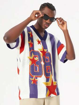 Prep Pull court à col en V, rayures étoiles, manches courtes, style décontracté pour homme