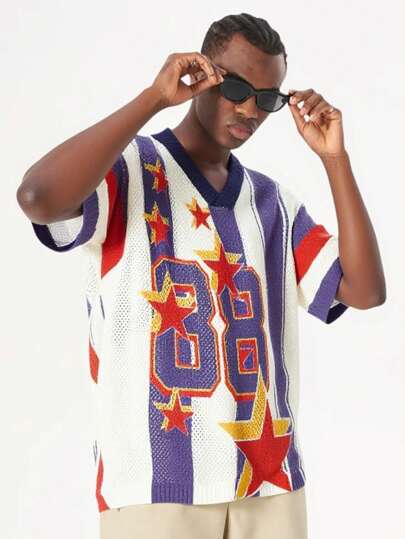 Prep Pull court à col en V, rayures étoiles, manches courtes, style décontracté pour homme