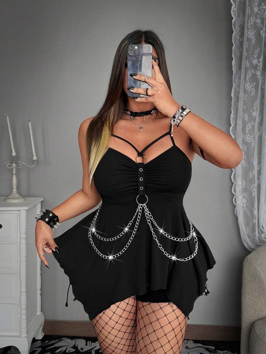 Whyspr Top de tirantes asimétrico con decoración de cadena, cintura ceñida y bajo irregular, estilo grunge punk rave, talla grande - Negro - Ver 1