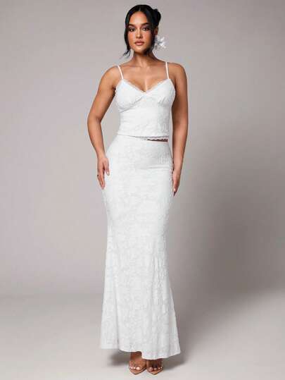 Silquee 2 件套：纯色长裙 + 蕾丝吊带背心，浪漫度假装，适合春季、夏季、情人节约会，适合海滩度假