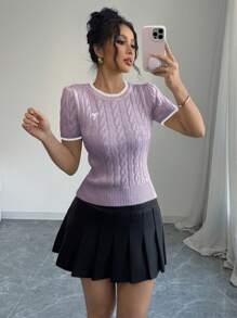 Elenzga 女士蝴蝶结刺绣圆领短袖针织上衣 - 紫色 - 查看 4