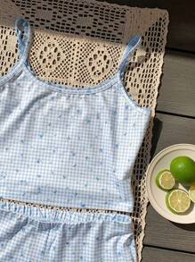 Comfortcana 女士海军蓝 & 白色格子碎花吊带背心和短裤套装 - 藍白色 - 查看 3