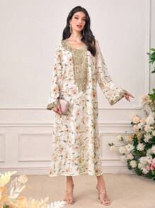 Al Najma Floral Print Contrast Lace Long Trumpet Sleeve Modest Dress