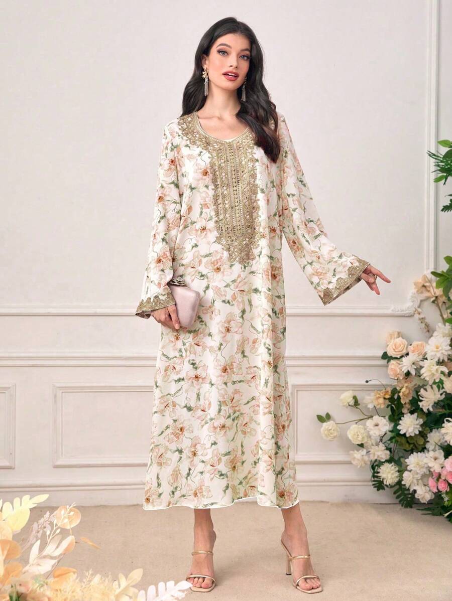 Al Najma Floral Print Contrast Lace Long Trumpet Sleeve Modest Dress