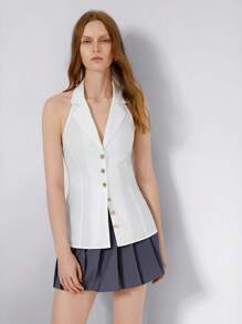 Aveloria Affinna Minimalist Folded Collar Halter Deep V Metal Button Front Cropped Women Vest