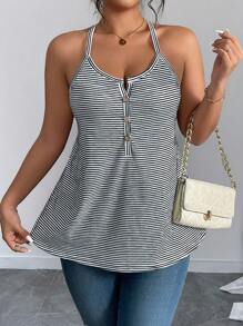 SHEIN LUNE Canotta da donna aderente a costine a righe di taglia forte con bretelle regolabili, stile casual da vacanza, modellante e che smagrisce, con dettaglio di chiusura a bottone sul retro, adatta per l'estate