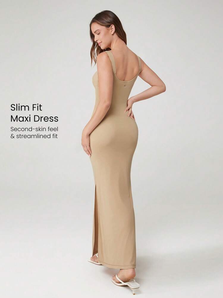 Modal Silky Smooth Full Underarm Slim Fit Silhouette Side High Slit Dress Daily Casual Wear Removable Cups