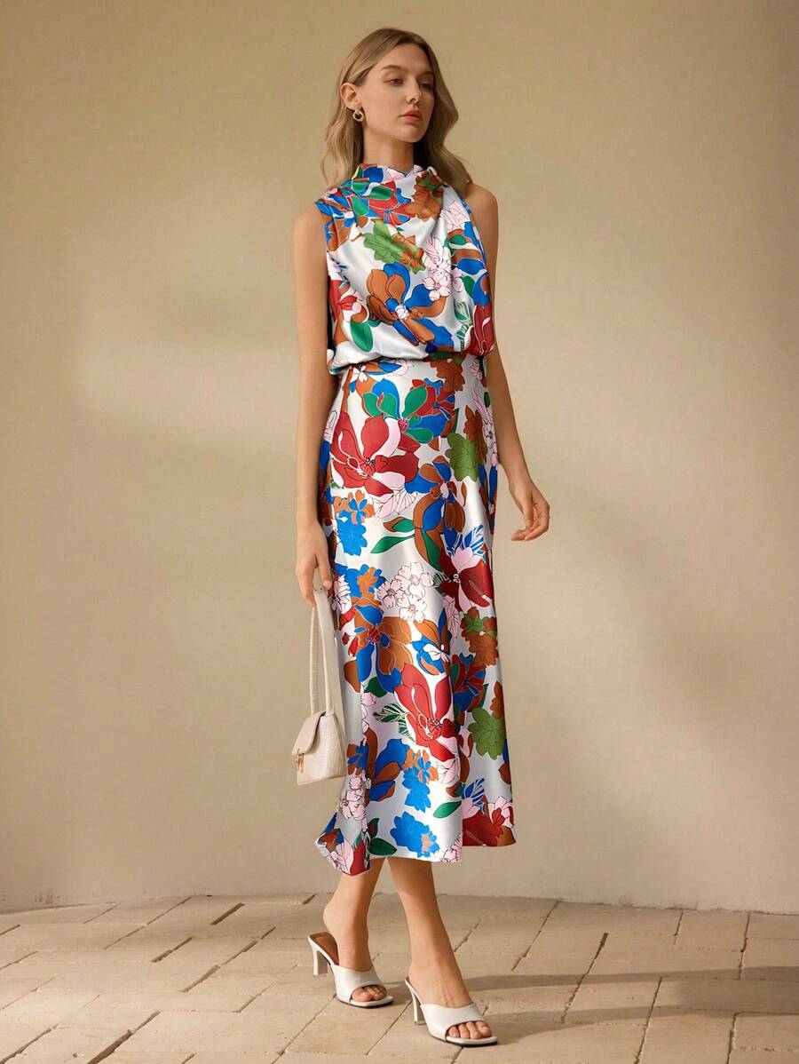 SHEIN Clasi Women's Elegant Floral Print Mid-Length Dress - Blue - View 1