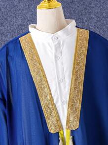 2pcs Set Teen Boys Golden Embroidery Splice Blue Chiffon Long Robe, Drop Shoulder Long Outerwear, White Stand Collar Long Sleeve Long Robe, Robe Set - Multicolor - View 9