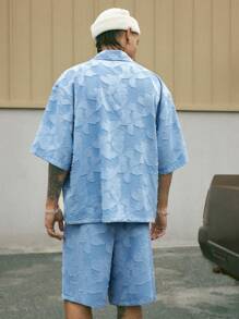 AXEPEAK Bộ áo sơ mi tay ngắn rộng rãi cắt xẻ hiệu ứng denim cho nam và quần short, phong cách đường phố, trang phục thoải mái - Màu xanh nhạt - Xem 5