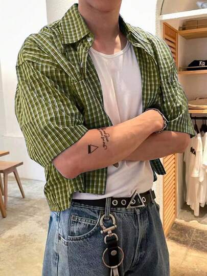 SHEIN Manfinity Dauomo Men's Short Plaid Short Sleeve Button Down Loose Casual Shirt