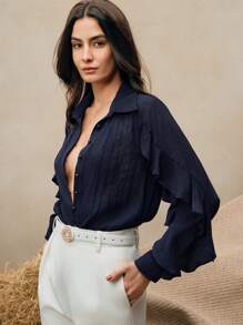 Anewsta 春季纯色长袖梭织常规休闲衬衫，商务休闲，度假 - 藏蓝色 - 查看 4