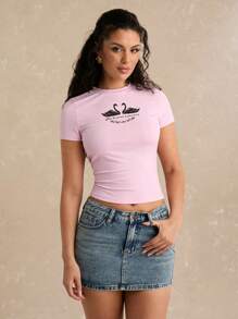 Enchnt Camiseta ajustada de mujer con cuello redondo y manga corta con estampado de letras