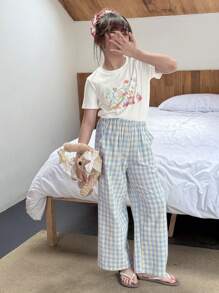 Dazy Kids 2 件 Tween Girl 女童圆领印花短袖套装，春夏，加大码 - 藍色 - 查看 4