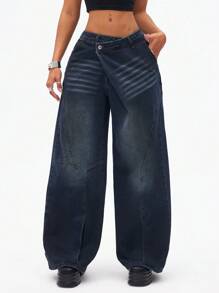 SHEIN ICON Women Casual Loose Straight Leg Denim Pants - Blue - View 1