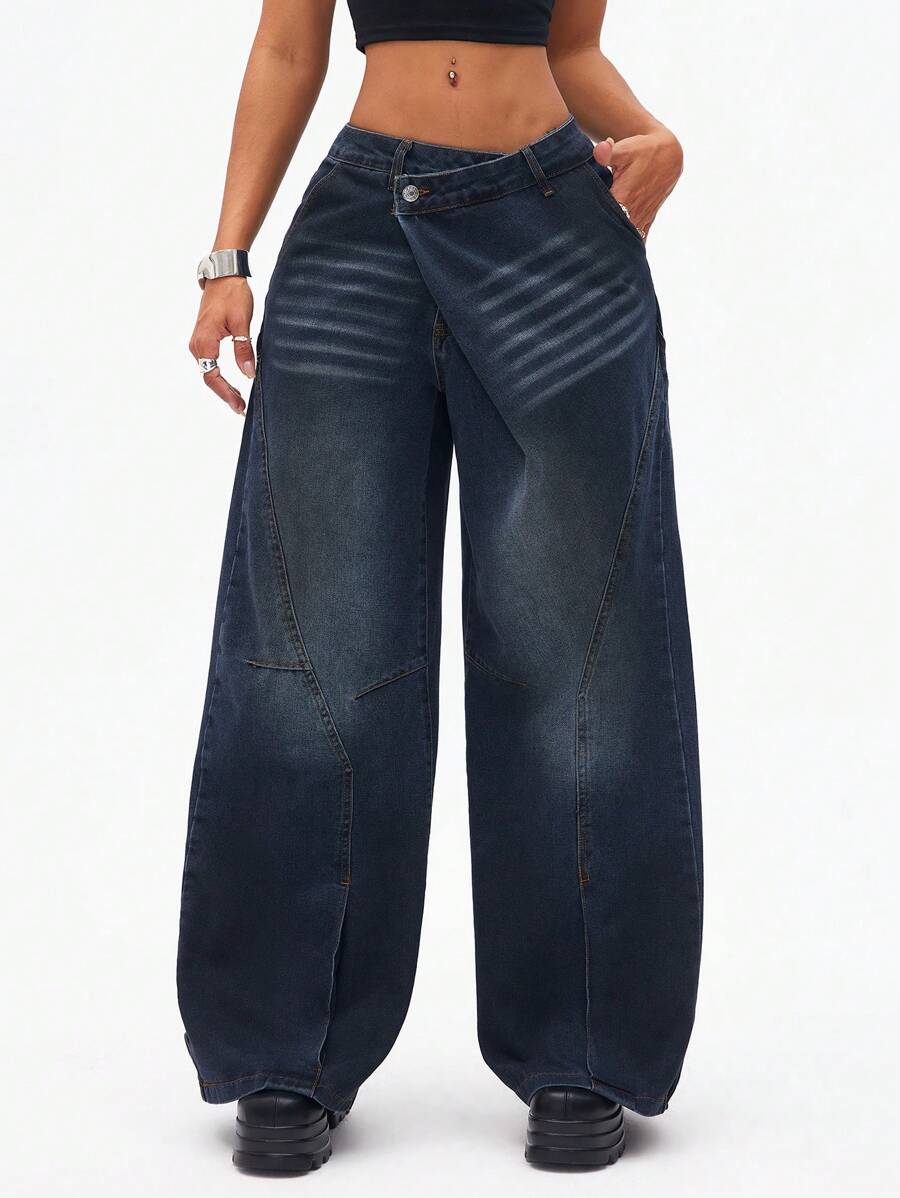 SHEIN ICON Women Casual Loose Straight Leg Denim Pants - Blue - View 1