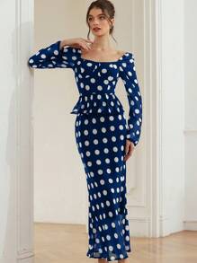 Aveloria Rosie French Elegant Square Neck Retro Polka Dot Patchwork A-Line Ruffle Dress With Fitted Waist, Women Long Sleeve Long Gown