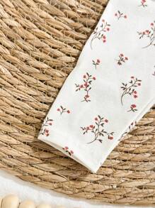 Loomiva Newborn Baby Girl Plant & Floral Pattern Knit Soft Round Neck Short Sleeve Bodysuit With Elastic Waist Long Pants 2 Pieces Set