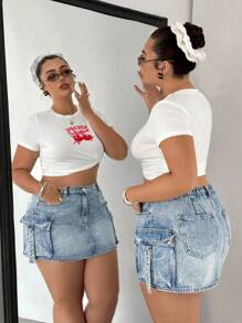 Dripcurv Plus Size Utility Denim Skirt With Pockets