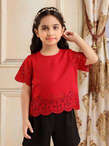 SHEIN Young Girl Solid Color Round Neck Laser Hollow Out Loose Shirt,Holiday,Summer, Travel - Red - View 3