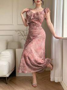 DAZY Abito estivo da donna con colletto quadrato, balze e fantasia floreale mista, in stile patchwork