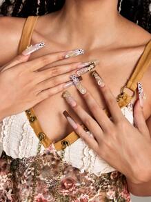 ROMWE Grunge Punk 10pcs Hot Girl Vibe Star & Leopard Pattern Handcrafted Quality Press-On Nails + 3pcs Double-Sided Adhesive, Detachable Y2K Metallic Rhinestone Nail Stickers For Festivals, Parties, Dancing, And Daily Wear - Multicolor - View 3