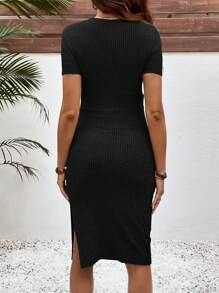SHEIN 孕妇休闲纯色合身哺乳连衣裙 - 黑色 - 查看 2