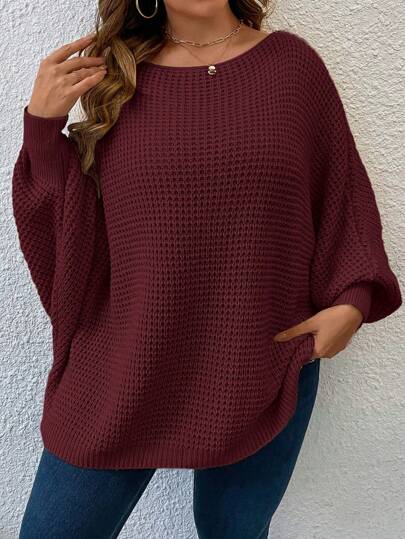 EMERY ROSE Plus Size Casual Solid Color Batwing Sleeve Sweater For Autumn/Winter Knit Pullover Fall Outfit
