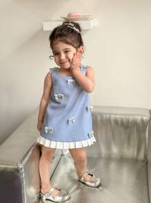 SHEIN Baby Girl Elegant Color Block Bow Decor Summer Dress - Blue - View 12
