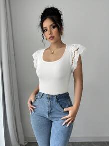 Elenzga 通勤简约女士激光切割和刺绣荷叶边袖 T 恤 - 白色 - 查看 1