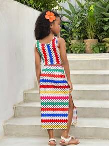 SHEIN 2 Pieces Set - Striped Crew Neck Camisole And Side Slit Midi Skirt For Young Girls - Multicolor - View 2