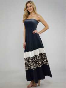 INAWLY Women's Leopard Print Patchwork Casual Long Tube Dress - Multicolor - View 3