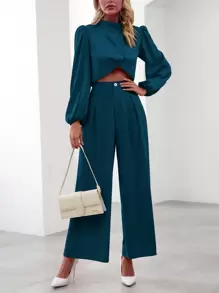 SHEIN Clasi 2pcs Women Solid Color Long Sleeve Top & Pants Set, Simple Fashion, Suitable For Summer - Teal Blue - View 7