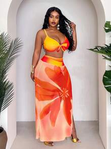 Slaydiva 大码女式 3 件套，随机渐变印花，时尚简约性感裙子，高腰内裤，日常，度假，比基尼套装 - 橘色 - 查看 5