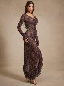 Hauture Animal Printed Asymmetric Ruffle Hem Cowl Neck Maxi Dress - Multicolor - View 4