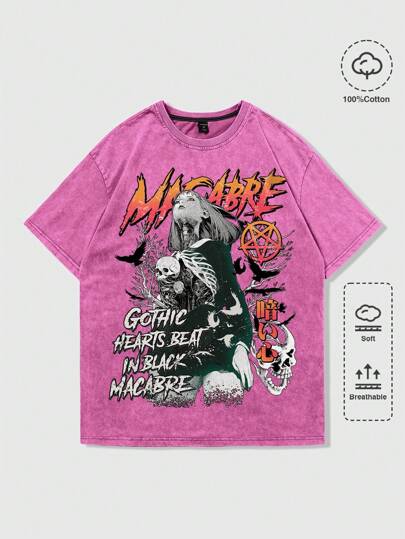 Street Life Men's Anime Portrait & Snow Flake Print Short Sleeve T-Shirt, Suitable For Daily Wear In Spring/Summer