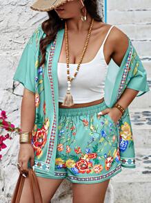 Breezaya Random Floral Plus Size Short Sleeve Shirt & Shorts 2 Pieces Set