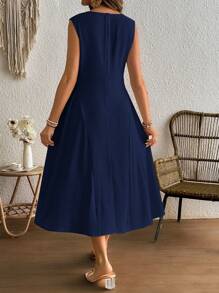 SHEIN Elegant Round Neck Sleeveless Ruched Design Dress Maternity Dress - Navy Blue - View 2
