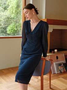 Uhlyne Women's V-Neck Chiffon Splicing Ruched Puff Long Sleeve Belted Buttoned Mid-Calf Lining Dress Fall Cloth For Women - Navy Blue - View 3