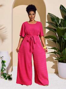 Slaydiva Plus Size Fitted Belted Jumpsuit, Pink, Slimming Top And Bottoms, Vacation & Elegant Casual, Spring/Summer - Hot Pink - View 3