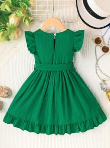 SHEIN Young Girl Comfortable Casual Ruffle Hem Dress With Waist Belt, Summer - Green - View 2