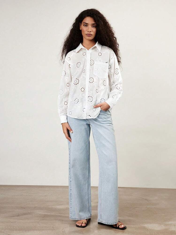 SHEIN Maija Women's White Summer Embroidered Crochet Texture Button Down Shirt, Bohemian Style Beach Vacation Shirt, Long Sleeve Solid Color Casual Chic Blouse