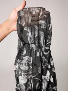 SHEIN Unity Sexy Mesh Floral Print Cinched Waist Ruffle Hem Women's Jumpsuit - Black - View 8