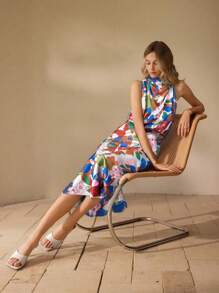 SHEIN Clasi Women's Elegant Floral Print Mid-Length Dress - Blue - View 3