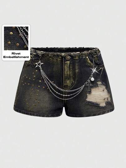 Grunge Punk Vintage Washed Ripped, Asymmetrical, Rivet, Cross, Metallic Star, Link Detail Distressed Low Waist Denim Shorts, Women Spring Break, Concert, Rave, Festival